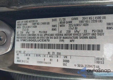 2020 Ford Escape Se из США, поврежденный, VIN 1FMCU9G62LUC53670